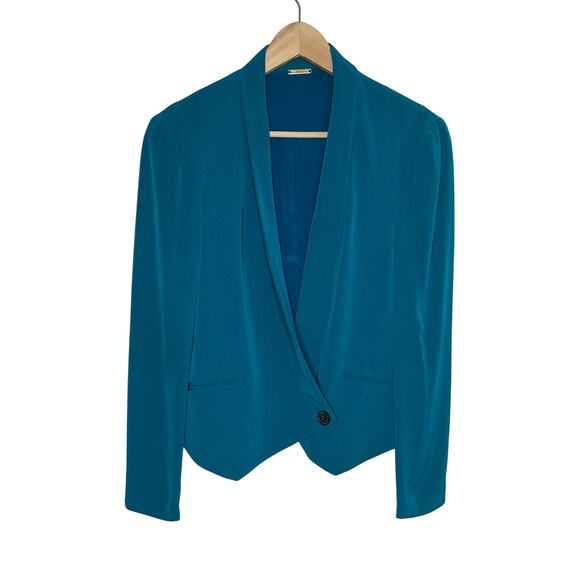 Rebecca Minkoff Becky Blazer Jacket Womens Medium Blue Green Draped Silk Office - Picture 1 of 12